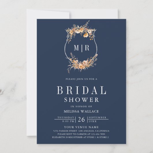 Herfst Wildflower QR Code Navy Blue Vrijgezellenfe Kaart (Voorkant)