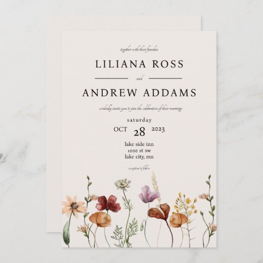 Herfst Wildflower Waterverf bruiloft uitnodiging (Voorkant / Achterkant)