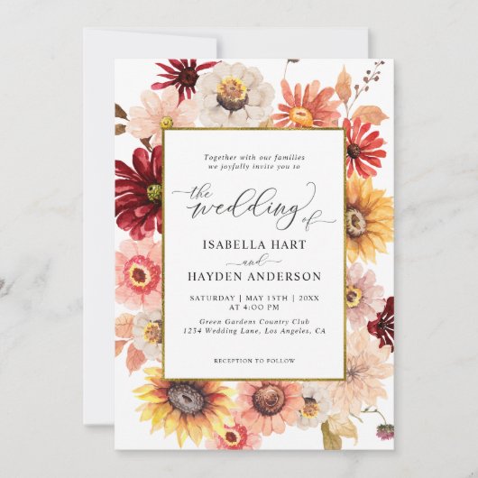 Herfst Wildflowers Bourgogne Gold Kleurrijke bruil Kaart (Voorkant)