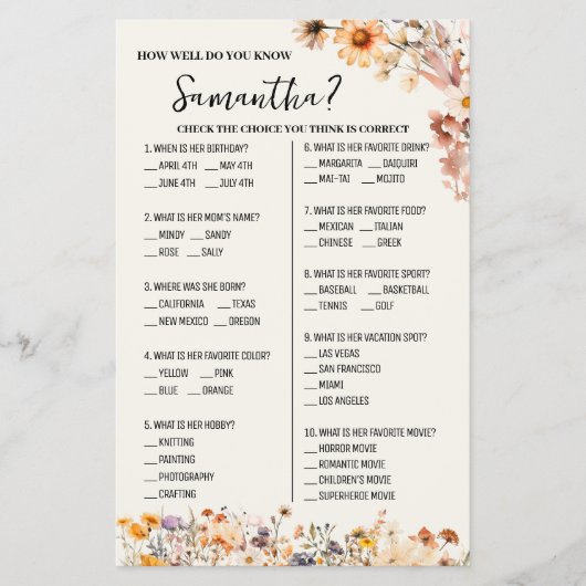 Herfst Wildflowers Hoe goed ken je het bruidsspel? Flyer (Voorkant)