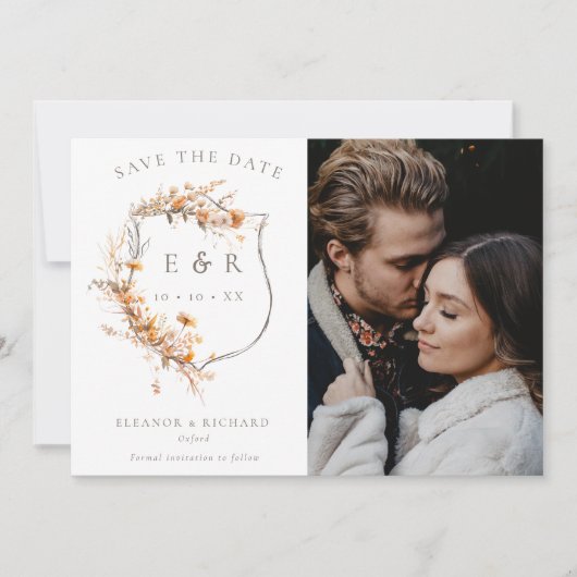 Herfst Wildflowers Monogram Crest QR foto bruiloft Save The Date (Voorkant)