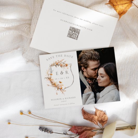Herfst Wildflowers Monogram Crest QR foto bruiloft Save The Date