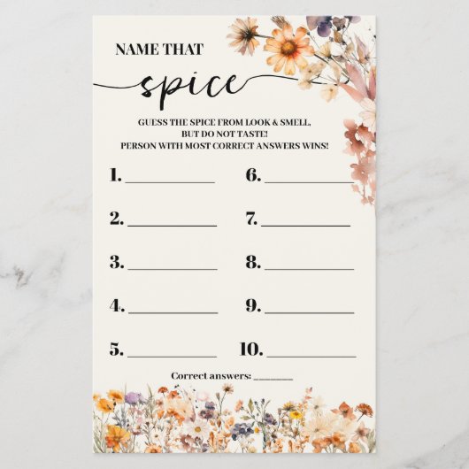 Herfst Wildflowers Naam dat Spice Shower Game Kaar Flyer (Voorkant)