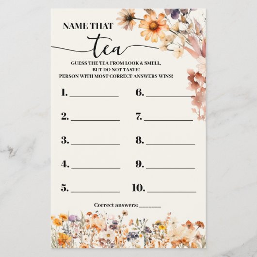 Herfst Wildflowers Naam dat Tea Shower Game Kaart (Voorkant)