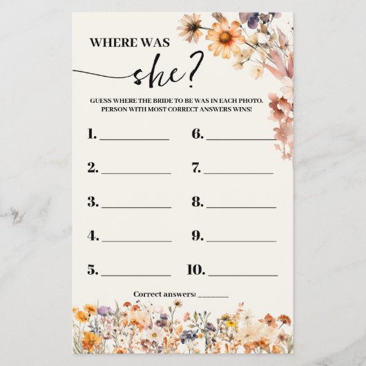 Herfst Wildflowers Waar was Bride Shower Game Kaar Flyer (Voorkant)