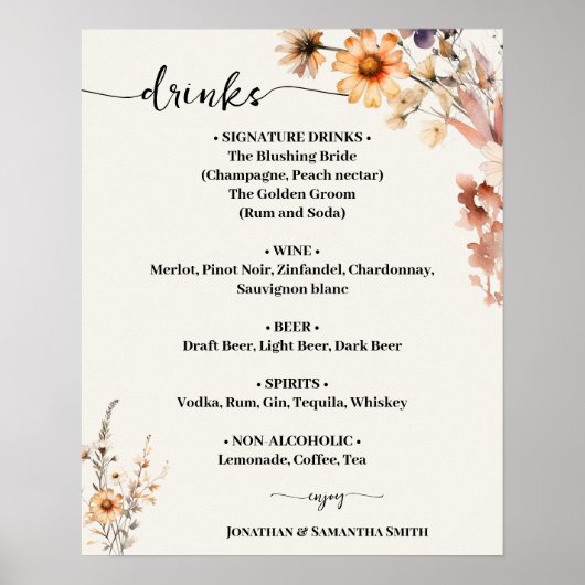 Herfst Wildflowers Wedding Drinken Menu Teken Poster (Voorkant)