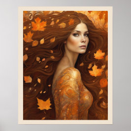 Herfst Wind Vrouw in Sinaasappel Bladeren Art Nuev Poster