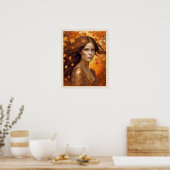 Herfst Wind Vrouw in Sinaasappel Leaves Blue Eyes  Poster (Keuken)