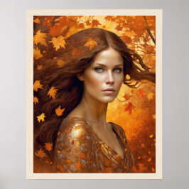 Herfst Wind Vrouw in Sinaasappel Leaves Blue Eyes  Poster