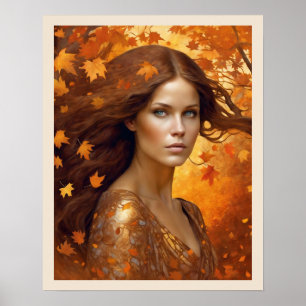 Herfst Wind Vrouw in Sinaasappel Leaves Blue Eyes Poster