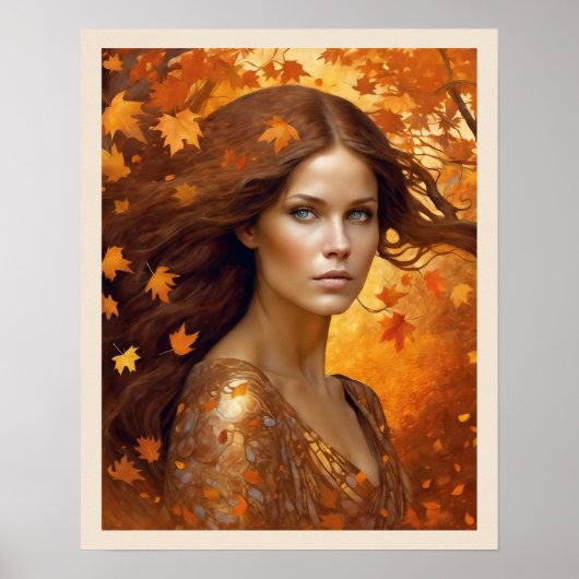Herfst Wind Vrouw in Sinaasappel Leaves Blue Eyes  Poster (Voorkant)