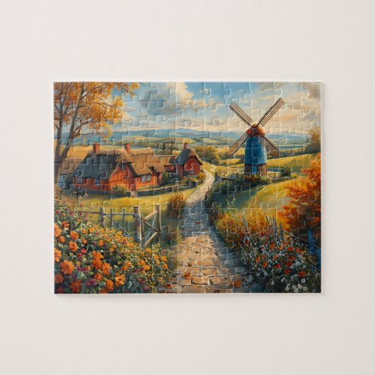 Herfst Windmolen Boerderij Cottage Bloemenpad Legpuzzel (Horizontaal)