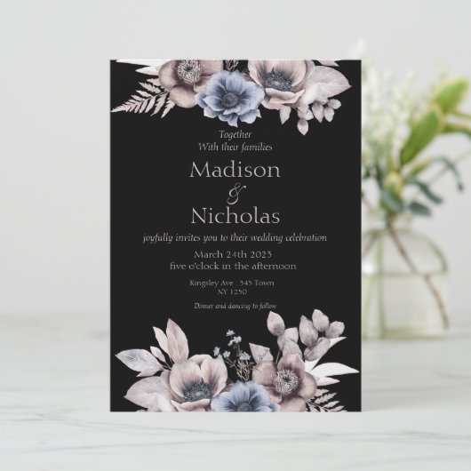 Herfst Winter Bloemen Donker Bruiloft uitnodiging (Staand voorkant)