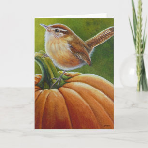 Herfst Winterkoning Vogel op Oranje Pompoen Waterc Kaart
