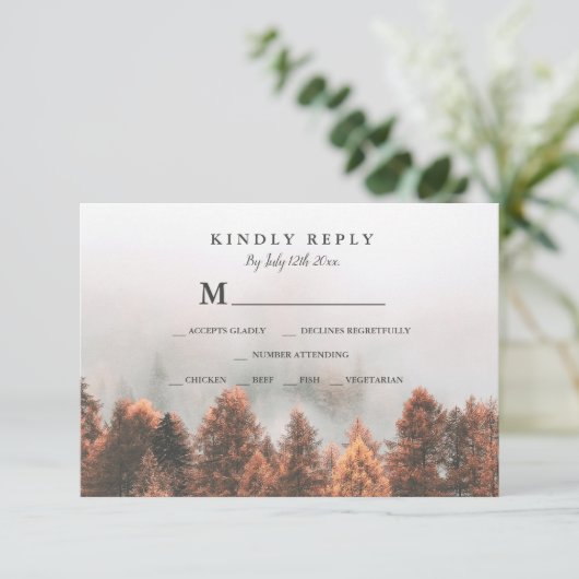 Herfst winterpijnbomen bos foto RSVP bruiloft (Staand voorkant)
