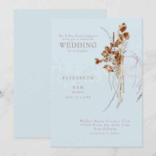 Herfst Wispy Boho Sky Blue Bruid Ouders Bruiloft Kaart (Voorkant / Achterkant)