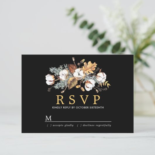 Herfst Wit Bloemen Goud Verlof Bruiloft RSVP Kaartje (Staand voorkant)