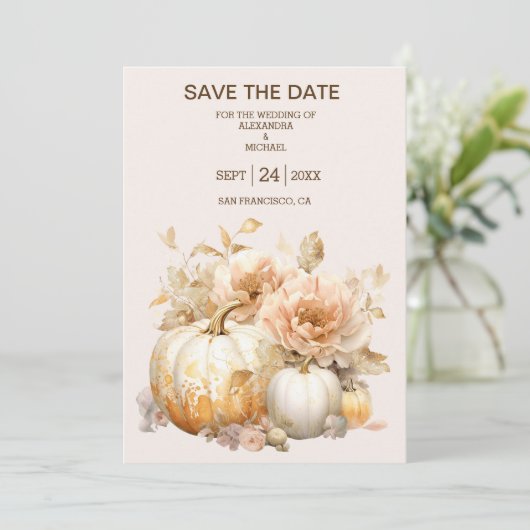 Herfst Wit Goud Glitter Pompoen Bruiloft Save The Date (Staand voorkant)