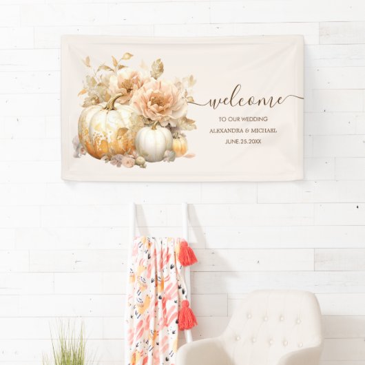 Herfst Wit Goud Glitter Pompoen Bruiloft Spandoek (Insitu)