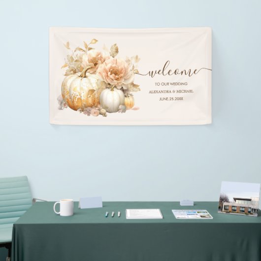 Herfst Wit Goud Glitter Pompoen Bruiloft Spandoek (Beurs)