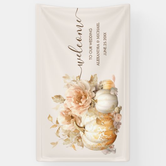 Herfst Wit Goud Glitter Pompoen Bruiloft Spandoek (Verticaal)