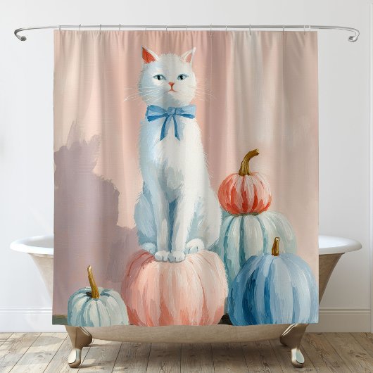 Herfst Wit poes met pompoenen Douchegordijn
