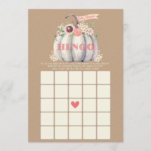 Herfst Wit Pompoen Baby shower Bingo Spel Menu (Voorkant)
