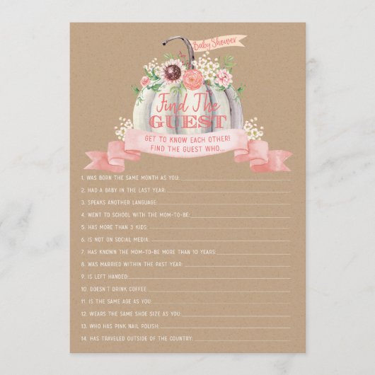 Herfst wit pompoen Baby shower Vind het gastspel Menu (Voorkant)