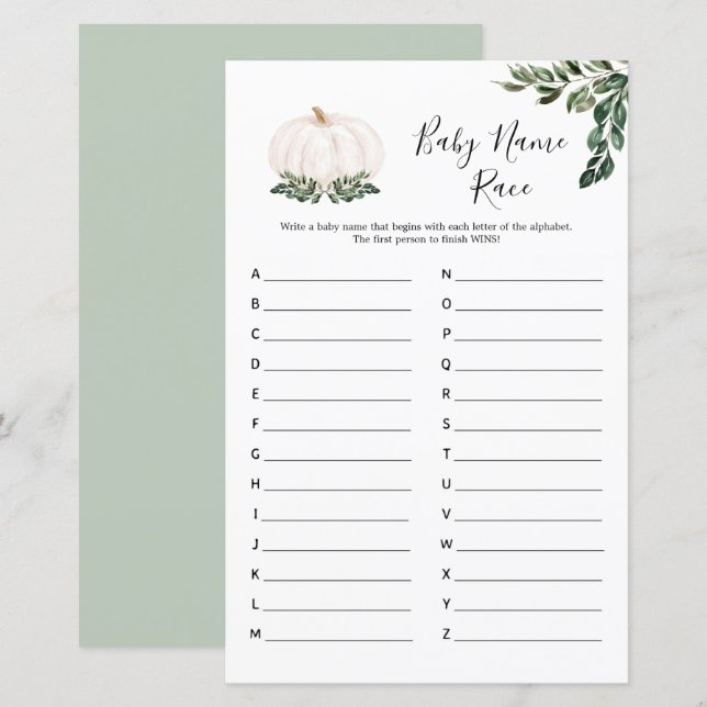 Herfst Witte Pompoen Baby Naam Race Spelkaarten (Voorkant / Achterkant)