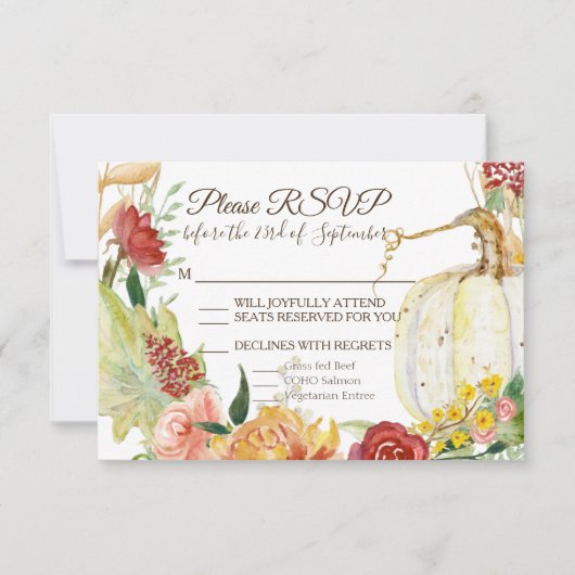 Herfst Witte Pompoen Bloemstuk Bourgondië Krans Br RSVP Kaartje (Voorkant)