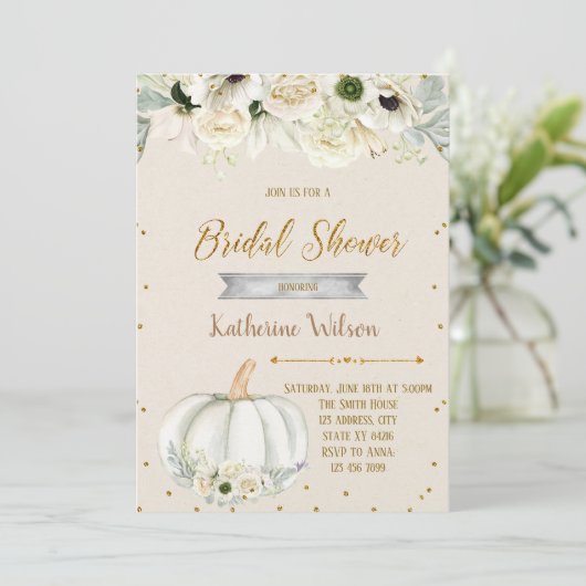 Herfst witte pompoen bruids doucheuitnodiging kaart (Staand voorkant)