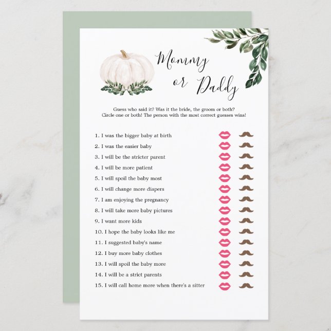 Herfst Witte Pompoen Mama of Papa Spelkaarten (Voorkant / Achterkant)