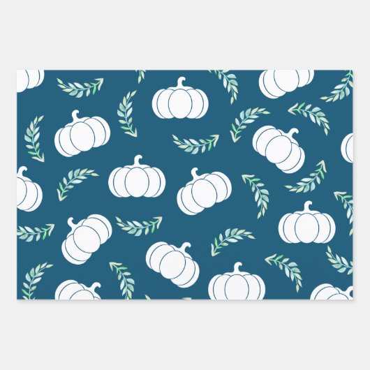 Herfst Witte Pompoenen & Groene Laurels Inpakpapier Vel (Voorkant 2)