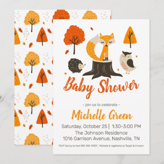 Herfst Woodland Animals Baby shower Invitation Kaart (Voorkant / Achterkant)