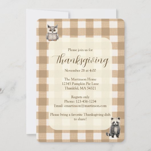 Herfst Woodland Animals Brown Gingham Thanksgiving Kaart (Voorkant)