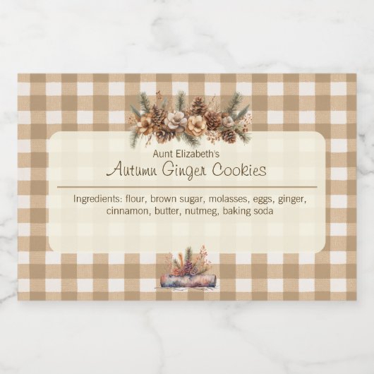Herfst Woodland Botanicals Brown Gingham Voedselcontainer Etiket (Enkel label)