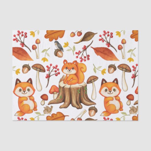 Herfst Woodland Cute Animals en Oranje bladeren Tissuepapier (Voorkant)