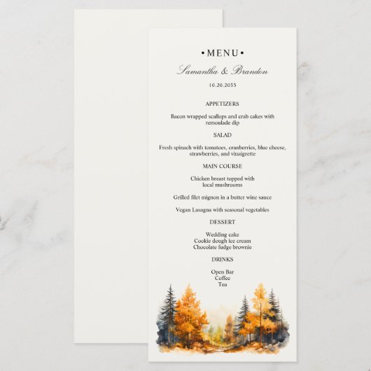 Herfst Woodland, Herfst Bos Trouwdiner Menu (Voorkant / Achterkant)