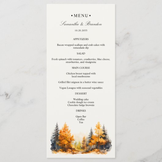 Herfst Woodland, Herfst Bos Trouwdiner Menu (Voorkant)