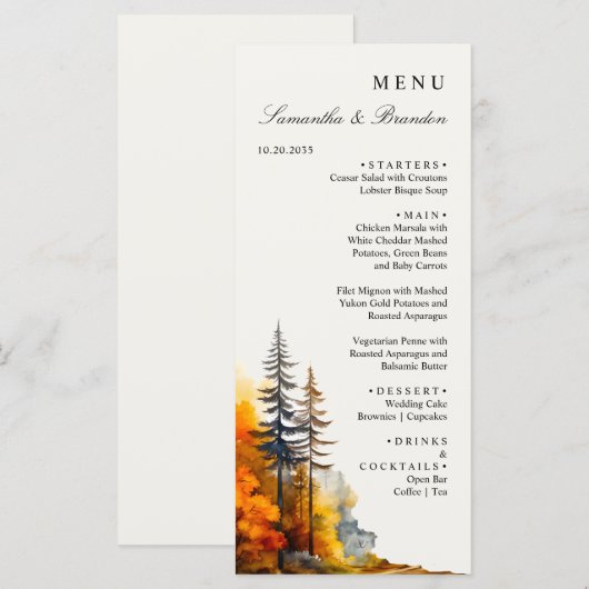 Herfst Woodland, Herfst Bos Trouwdiner Menu (Voorkant / Achterkant)