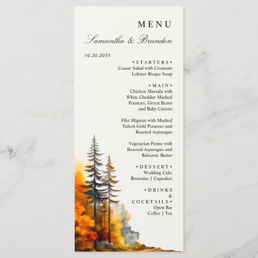 Herfst Woodland, Herfst Bos Trouwdiner Menu (Voorkant)