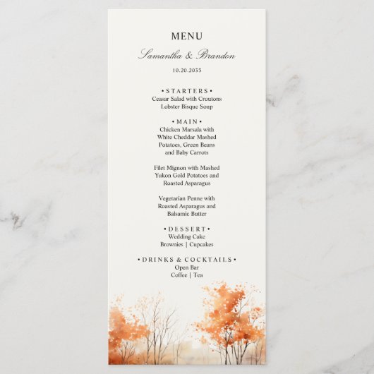 Herfst Woodland, Herfst Bos Trouwdiner Menu (Voorkant)