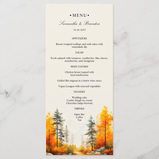 Herfst Woodland, Herfst Bos Trouwdiner Menu (Voorkant)
