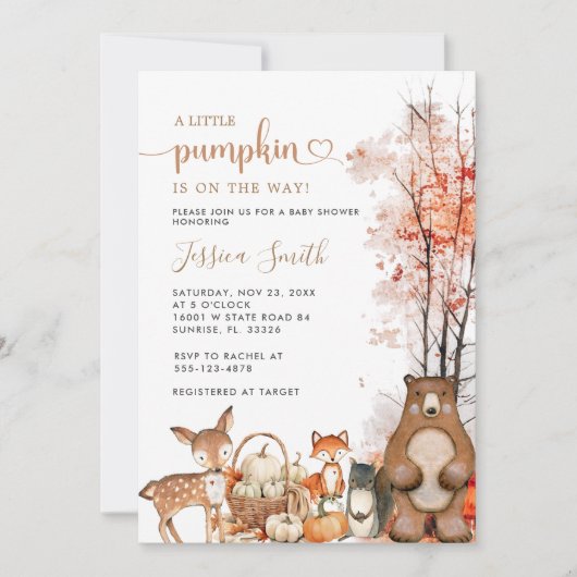 Herfst Woodland Little Pumpkin Baby shower Invitat Kaart (Voorkant)