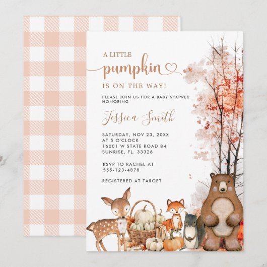 Herfst Woodland Little Pumpkin Baby shower Invitat Kaart (Voorkant / Achterkant)
