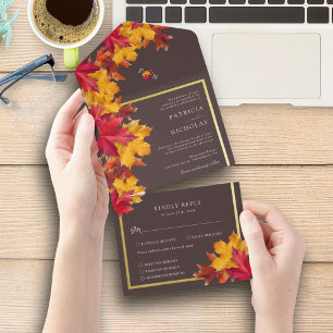 Herfst Woody Brown & Elegant Golden Lijst Wedding All In One Uitnodiging