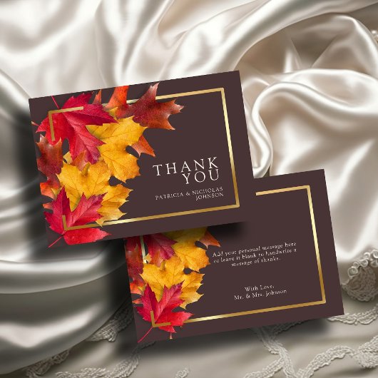 Herfst Woody Brown & Elegant Golden Lijst Wedding Bedankkaart