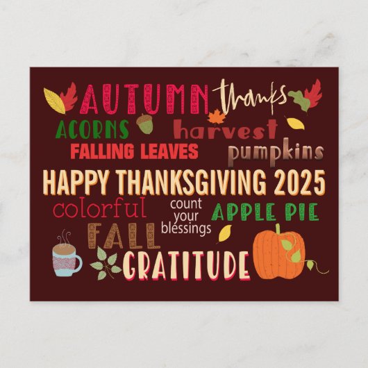 Herfst WordArt Happy Thanksgiving 2024 Bruin Briefkaart (Voorkant)