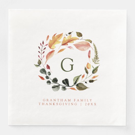 Herfst Wreator Monogram Family Thanksgiving Servet (Voorkant)