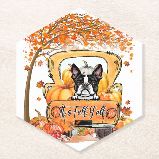 Herfst Yall Boston Terrier Thanksgiving Pumpkin Kartonnen Onderzetters (Voorkant)
